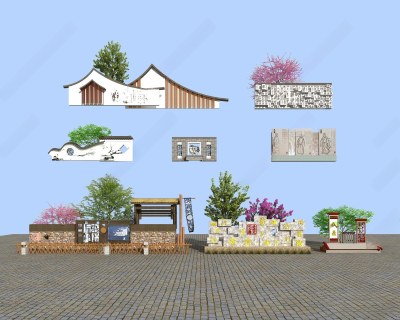 新中式景墙3D模型下载